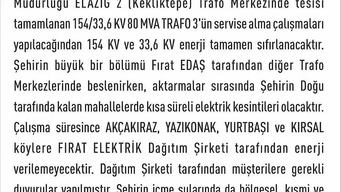 Elazığ'da elektrik kesintisi yaşanacak