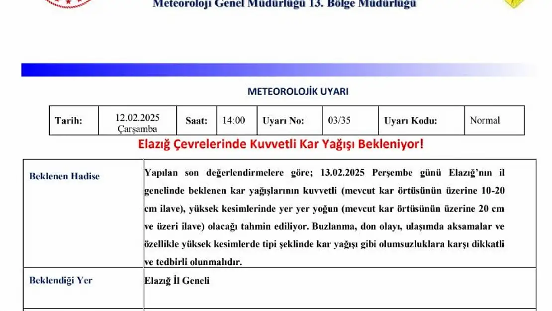 Meteorolojiden Elazığ için kuvvetli kar uyarısı