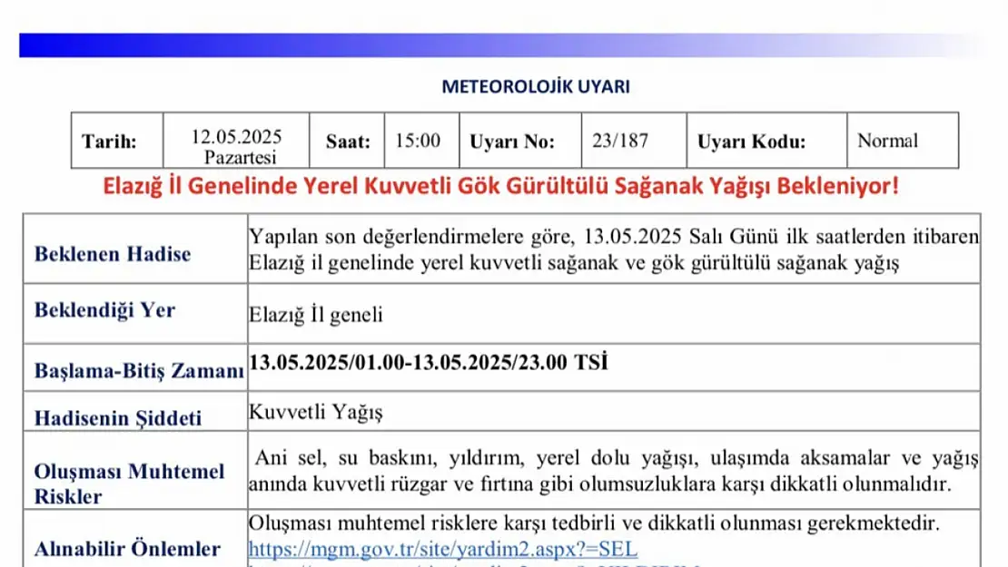 Meteorolojiden Elazığ için kuvvetli yağış uyarısı