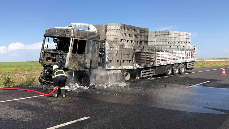 Diyarbakır'da seyir halindeki tuğla yüklü kamyon alev topuna döndü