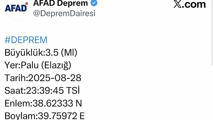 Elazığ'da 3.5 büyüklüğünde deprem