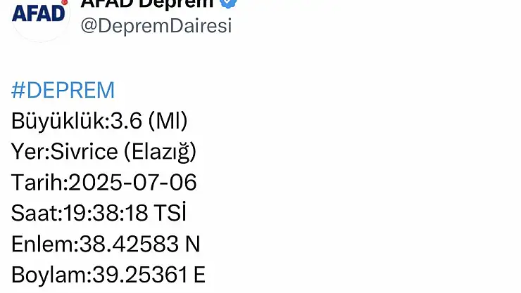 Elazığ'da 3.6 büyüklüğünde deprem