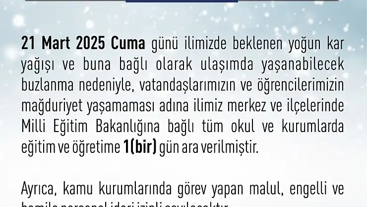 Elazığ'da eğitime 1 gün ara