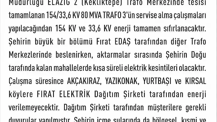 Elazığ'da elektrik kesintisi yaşanacak