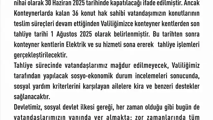 Elazığ'da konteyner kentlerde son tahliye tarihi 1 Ağustos