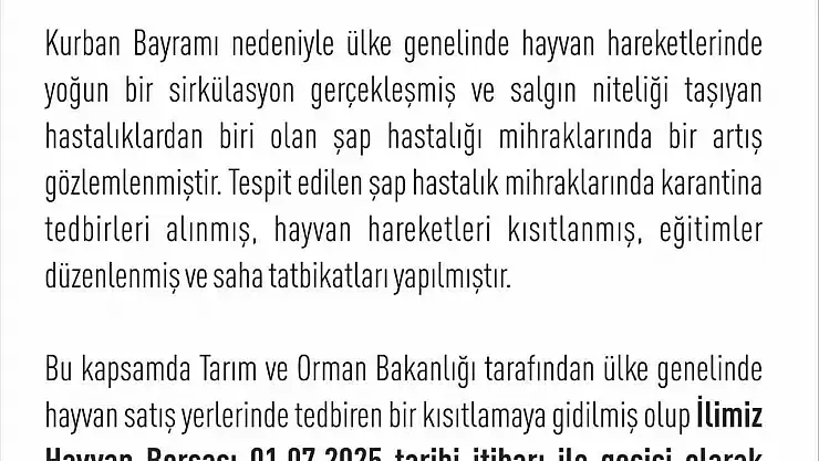 Elazığ Hayvan Borsası, şap tedbirleri kapsamında geçici olarak kapatıldı