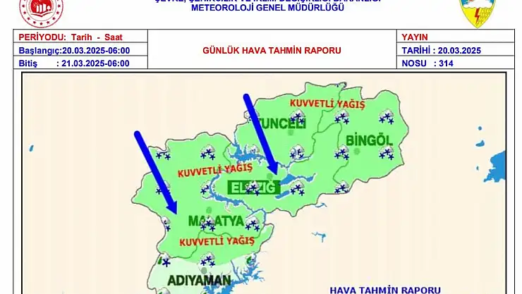 Meteorolojiden Elazığ için kuvvetli yağış ve rüzgar uyarısı