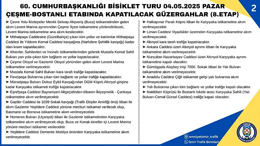 60. Cumhurbaşkanlığı Bisiklet Turu 04.05.2025 Pazar Çeşme - Bostanlı Etabında Kapatılcak Güzergahlar