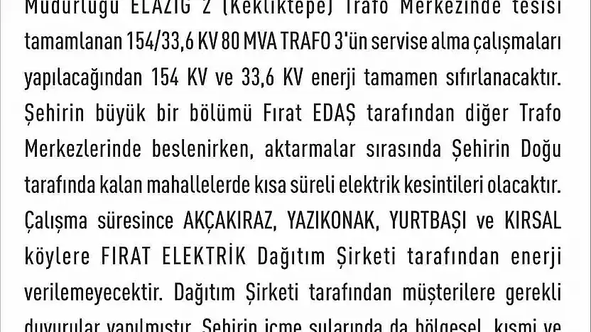 Elazığ'da elektrik kesintisi yaşanacak